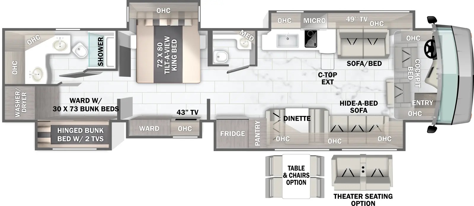 The 45E has five slideouts and one entry. Interior layout front to back: cockpit with entry, overhead cabinets, and cockpit bed; off-door side slideout with sofa, TV, overhead cabinets, countertop extension, microwave over cooktop, and sink; door side slideout with hide-a-bed sofa, overhead cabinets, dinette, pantry, and refrigerator; off-door side half bathroom with medicine cabinet; door side slideout with wardrobe, overhead cabinet, and TV; off-door side slideout with tilt-a-view king bed and overhead cabinets; rear door side wardrobe and slideout with a wardrobe with hinged bunk bed with two TVs; rear off-door side full bathroom with two sinks and overhead cabinets. Optional theater seating available in place of hide-a-bed sofa. Optional table and chairs available in place of dinette.